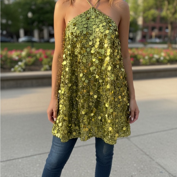 NWOT Princess Polly Size 12 Fluorescent Green Sequin Halter Dress - Picture 1 of 9